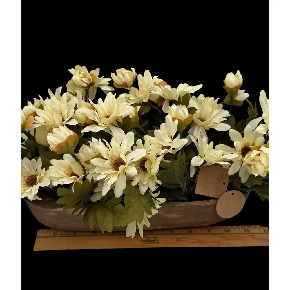 Silkcraft Of Oregon Faux Daisies Flower Arrangement Rustic Carved Wood Planter
